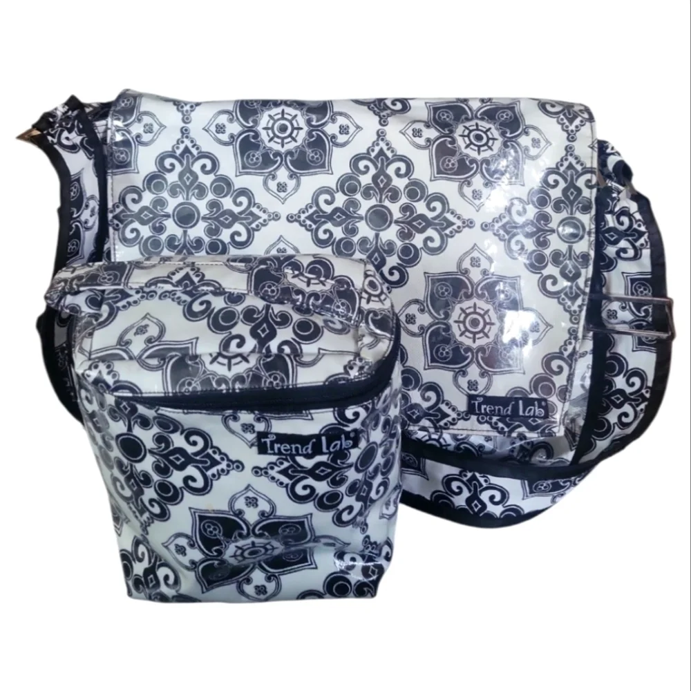 Trend Lab Black and White Floral Baby Diaper Bag Utility Set With Bottle Bag